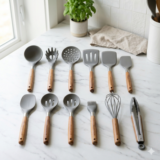 Silicone Kitchen Tools Set — 12PCS Non-Stick Utensils with Wooden Handles